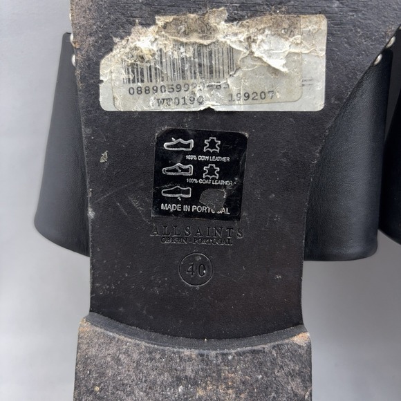 AllSaints Sandals Womens Size 40 Black‎ Leather Studded Slide Made in Portugal - Picture 7 of 8